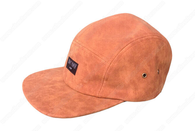 Genuine leather 5 panel caps with front woven label