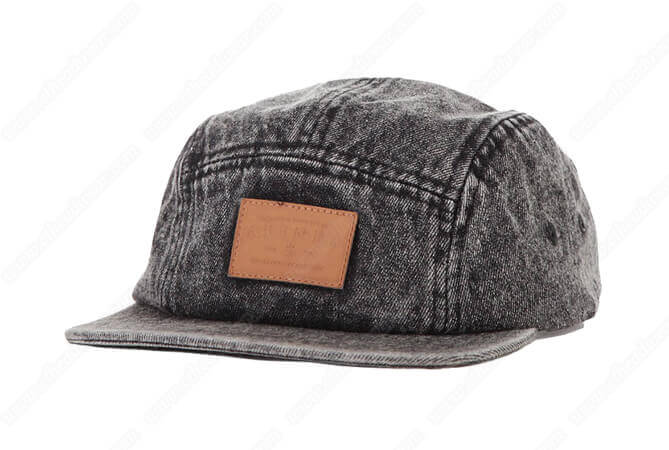 Adjustable Custom Leather Patch Denim 5 Panel Camp Caps